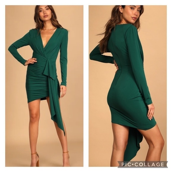Lulus Dresses & Skirts - NWT Lulus Marlay Emerald Green Ruched Long Sleeve Bodycon Dress Medium
